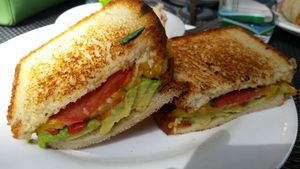 Grilled Avocado Veggie Sandwich and subbed in vegan cheese at Bay Naturals Healthy Market & Kitchen in Myrtle Beach
