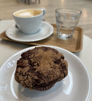 Vegan GF chocolate berry muffin and an oat cappuccino   at Olympia Coffee Roasting in Seattle