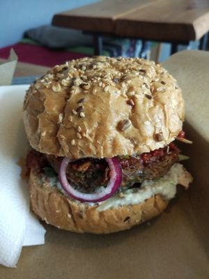 Chickpea burger at Chwast Food in Warsaw