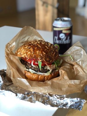 Mushroom burger with extra beetroot and chaikola - bestest drink!!! at Chwast Food in Warsaw