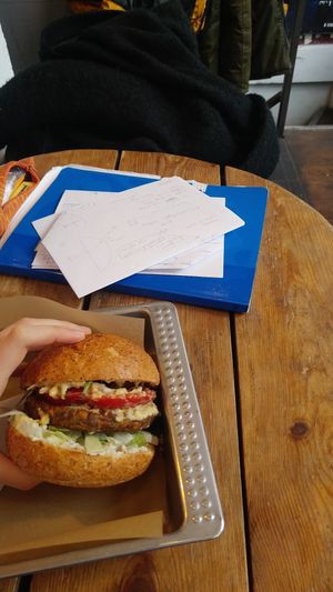 Chickpea burger with hummus and sunflower mayonnaise. Absolutely delicious. at Chwast Food in Warsaw