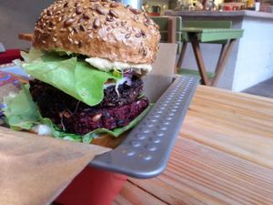 double beet and mushroom burger with garlic-hummus sauce at Chwast Food in Warsaw