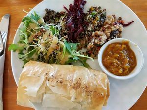 Spanikopita and salad at The Herb Centre Cafe in Christchurch
