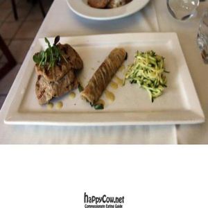 Lemon rosemary seitan, seasonal crepes, rice cake, zucchini saute at Madeleine Bistro in Tarzana