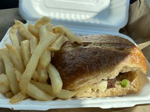 Meatball sandwich and fries- yum at Killer Vegan in Union