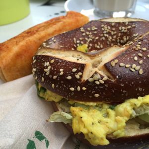 ";egg"; salad in lye bagel at Goodies in Leipzig