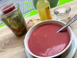 beetroot coconut soup (and a salad on the side) at Goodies in Leipzig