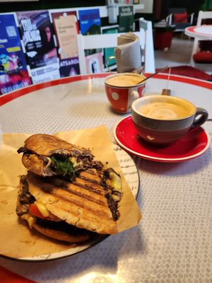 Cappuccino and hot sandwich (cheese and mushrooms) at KIRAS - Totoriu 7 in Vilnius