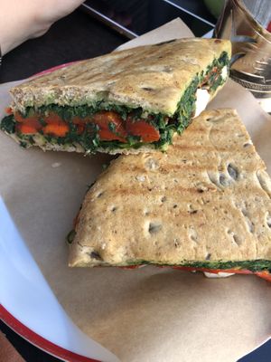 Grilled bell pepper, spinach, and vegan feta sandwich  at KIRAS - Totoriu 7 in Vilnius