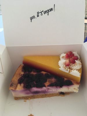 Blueberry cheesecake and mango cake at KIRAS - Totoriu 7 in Vilnius