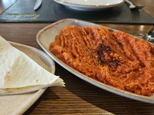 Muhamara, served with lavash at Emirhan Restaurant in Samarkand