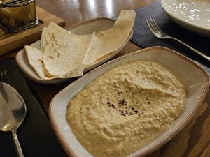 Hummus, served with lavash at Emirhan Restaurant in Samarkand