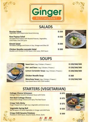 Salads, soups, and starters with marked veg options at Ginger Restaurant in Serrekunda