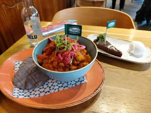 Veggie chilli and Chocolate coconut tart for Vegan.  at Las Iguanas in Newcastle Upon Tyne