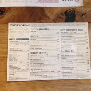 Veg / Vegan Menu  at Las Iguanas in Newcastle Upon Tyne