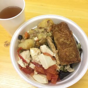 Noodles with bean curd roll, tofu, tomato, potato and veggie at TH Vegetarian in Kowloon