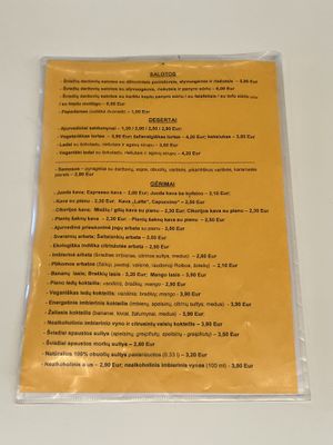 Menu for salads, deserts and drinks  at Ajurvedine Virtuve in Vilnius