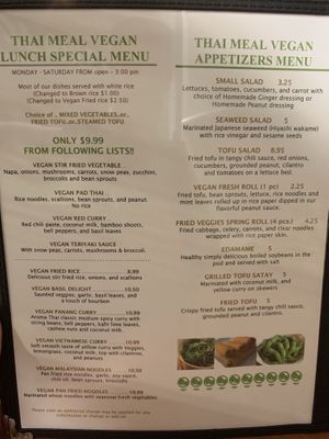Vegan Lunch & Appetizer Menu at Thai Meal in Plantation