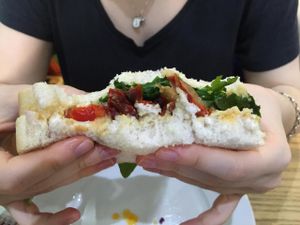 Vegan Roasted Red Pepper, Spinach, and Hummus Sandwich at Black Bear Cafe in Belfast