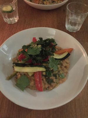 Vegan Garlic Lentils with Roasted Vegetables and Crispy Kale at Black Bear Cafe in Belfast
