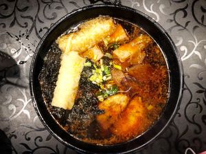 Ma La Spicy noodles with deep fried bean curd rolls, seaweed, vegan spam at So Yuet Hin 素悅軒 in New Territories