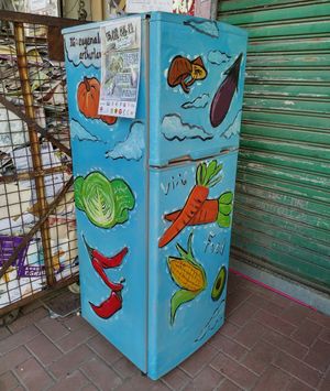 Community fridge for food sharing at Fok Hing Food Shop in New Territories