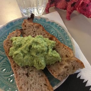 yummy bread and pea purée (pig table number!) at Roots Kitchen in Turku