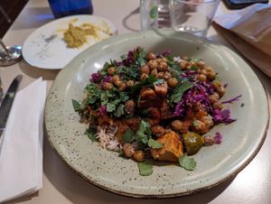 Tofu shakshuka, zaatar rice and crispy chickpeas at Roots Kitchen in Turku