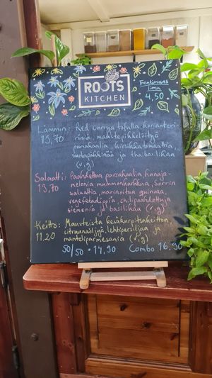 Menu of the day. Only in Finnish, but they happily translated it for us. at Roots Kitchen in Turku