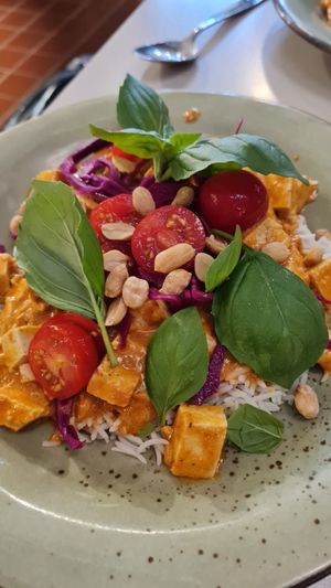 The warm dish of the day - red curry with tofu at Roots Kitchen in Turku