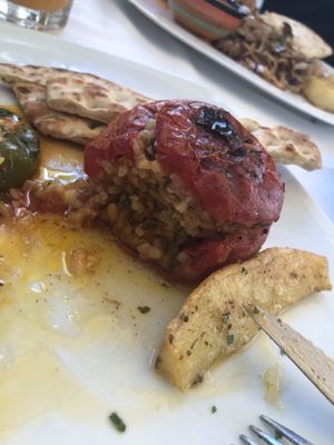 Stuffed tomato and bell pepper at Liondi in Athens