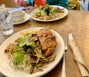 Vegan frittata and veggie in background  at The Plant Cafe in Exeter