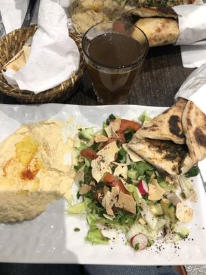 Zaatar wrap in back, veggie meals and mint tea.  at O'Saj in Toulouse