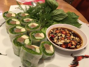 Fresh Rice Paper Rolls with Taro and Tofu - delicious  spicy gingery soy sauce too! at Khun Churn - Eathai in Bangkok