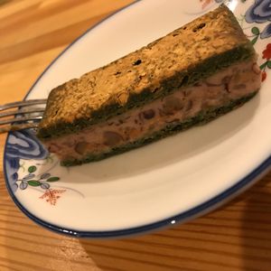 Red bean paste filling, matcha sponge and kinako dusting at Nanahako Macrobiotic Sweets in Osaka