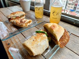 Torta milanesa and borrito at Vegattos in Mexico City