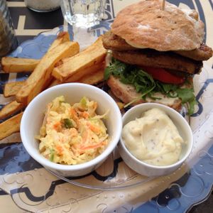 robi burger, potatoes, veg mayo and coleslaw at Refresh Restaurant - Re Fresh in Bratislava