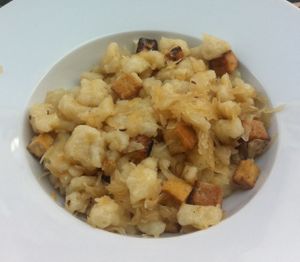 Potato dumplings with sauerkraut and fried tofu at Refresh Restaurant - Re Fresh in Bratislava