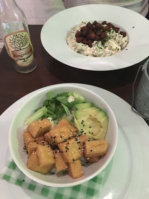 Rice bowl and “halušky” (dumplings with “goat cheese”) at Refresh Restaurant - Re Fresh in Bratislava