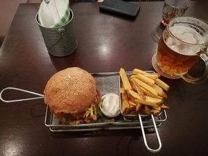 vegan hamburger with frirs at Refresh Restaurant - Re Fresh in Bratislava