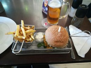 vegan burger of the month (carrot and bulger wheat patty, with veggies and baba ganoush)  at Refresh Restaurant - Re Fresh in Bratislava