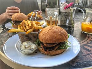 Vegan burgers and fries  at Refresh Restaurant - Re Fresh in Bratislava