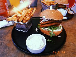Robi burger w/ fries. at Refresh Restaurant - Re Fresh in Bratislava