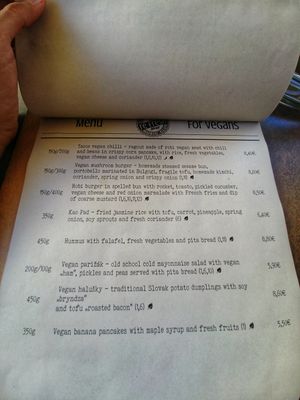 Vegan menu at Refresh Restaurant - Re Fresh in Bratislava