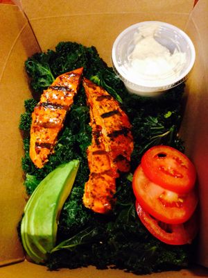 Unwrapped buffalo chicken twister wrap over kale at Native Foods - Penn Quarter in Washington