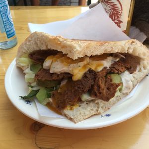 der Dicke Schmidt with herb sauce and mango chili sauce at Der Dicke Schmidt - Rudolf Leonhard Str in Dresden