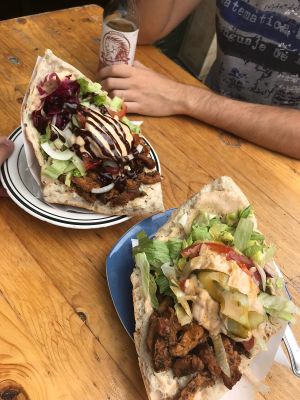 Vegan doners with seitan, krautersosse and bbq/mango-chili toppings at Der Dicke Schmidt - Rudolf Leonhard Str in Dresden