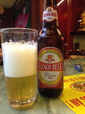 Drinks include beer and fruit juices. at Bo De Chay - Market and Restaurant in Hanoi