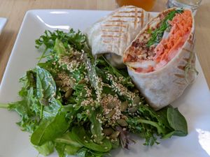 Liberty fried cauliflower & buffalo sauce Wrap with mixed-greens salad at Pure Kitchen - Richmond Rd in Ottawa