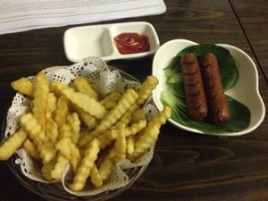 Fries and vegetarian sausage at Refreshing Vegetarian Food in Guangzhou